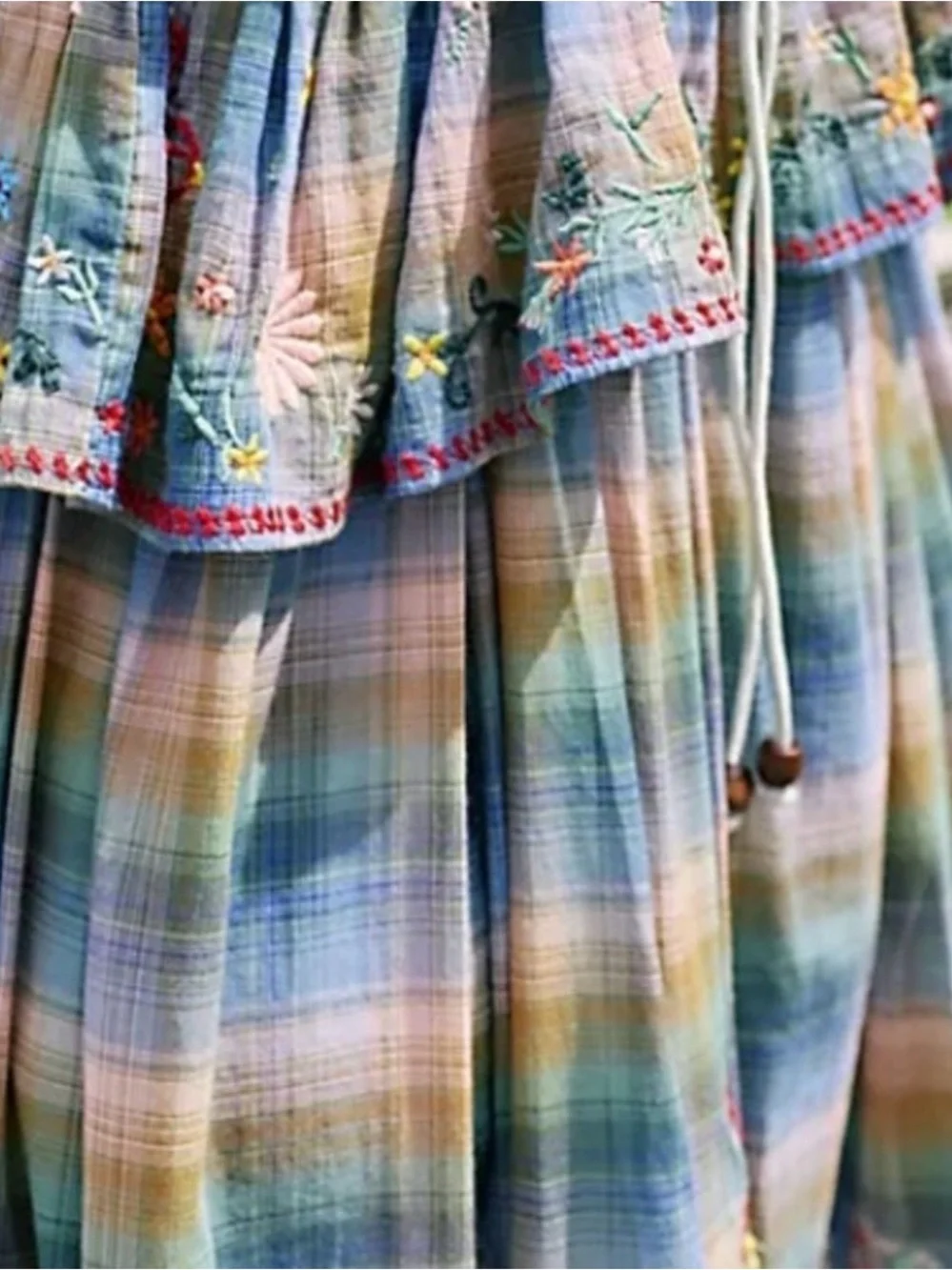 Free People Songs of Summer Boho Floral Plaid Tiered Maxi Dress — Blue Multi